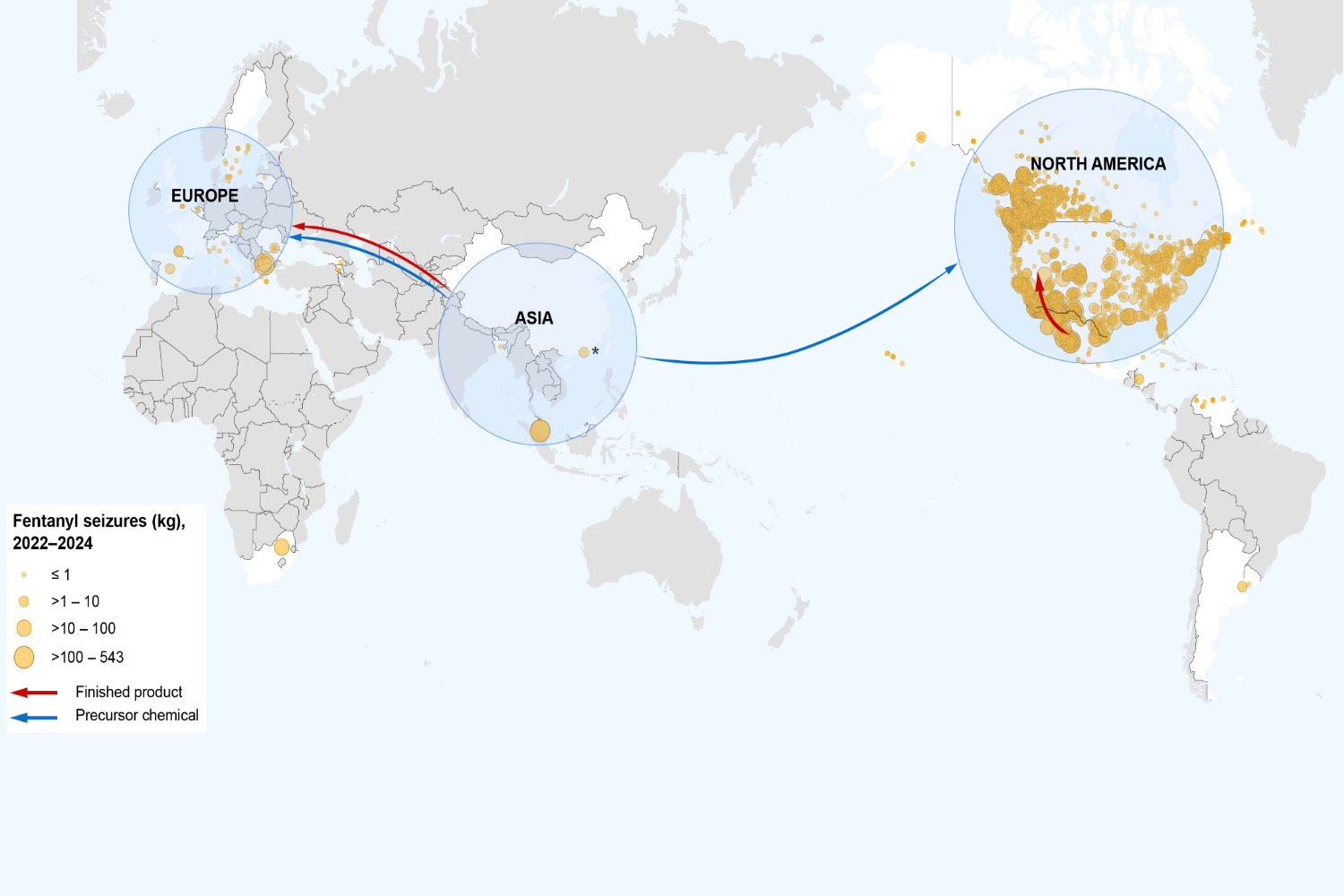 Fentanyl related to main trafficking routes, 2022-2024