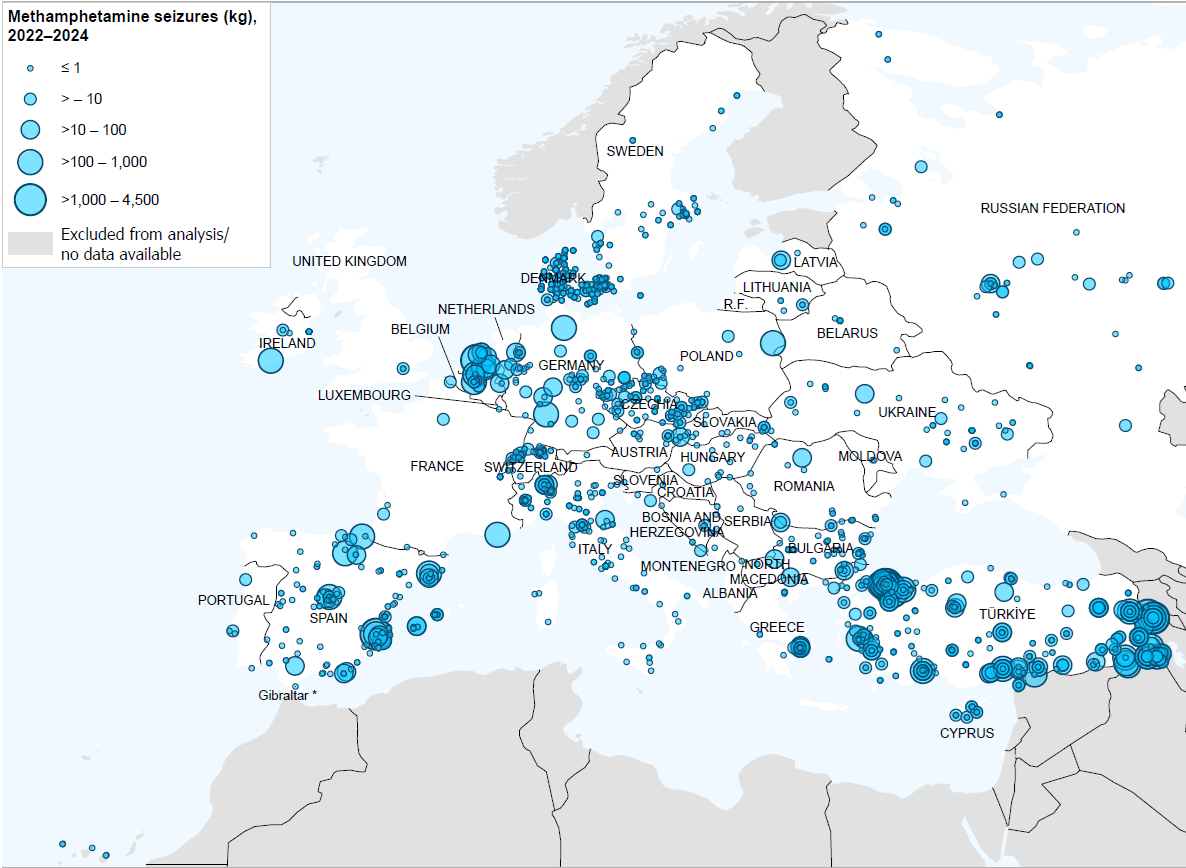 Significant Individual Seizures of Methamphetamine in Europe, 2022-2024