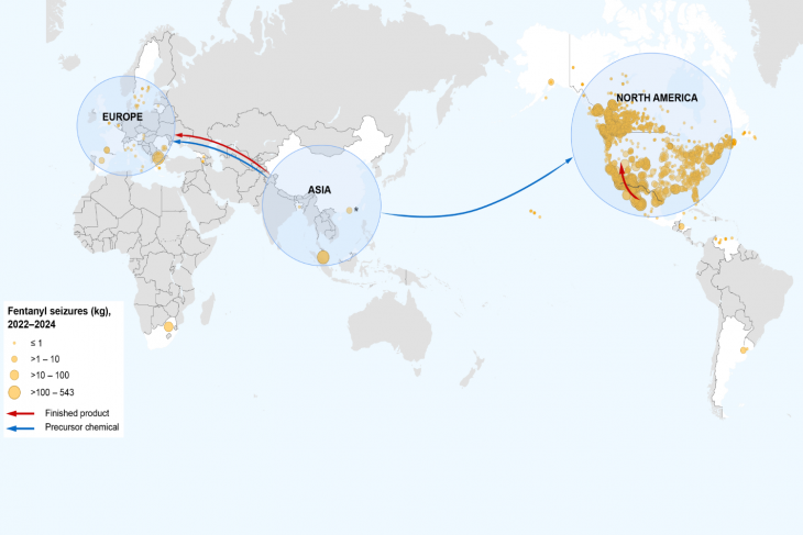 Fentanyl related to main trafficking routes, 2022-2024
